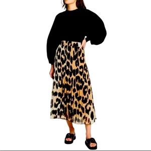 GANNI Leopard Animal Print Pleated Georgette Skirt